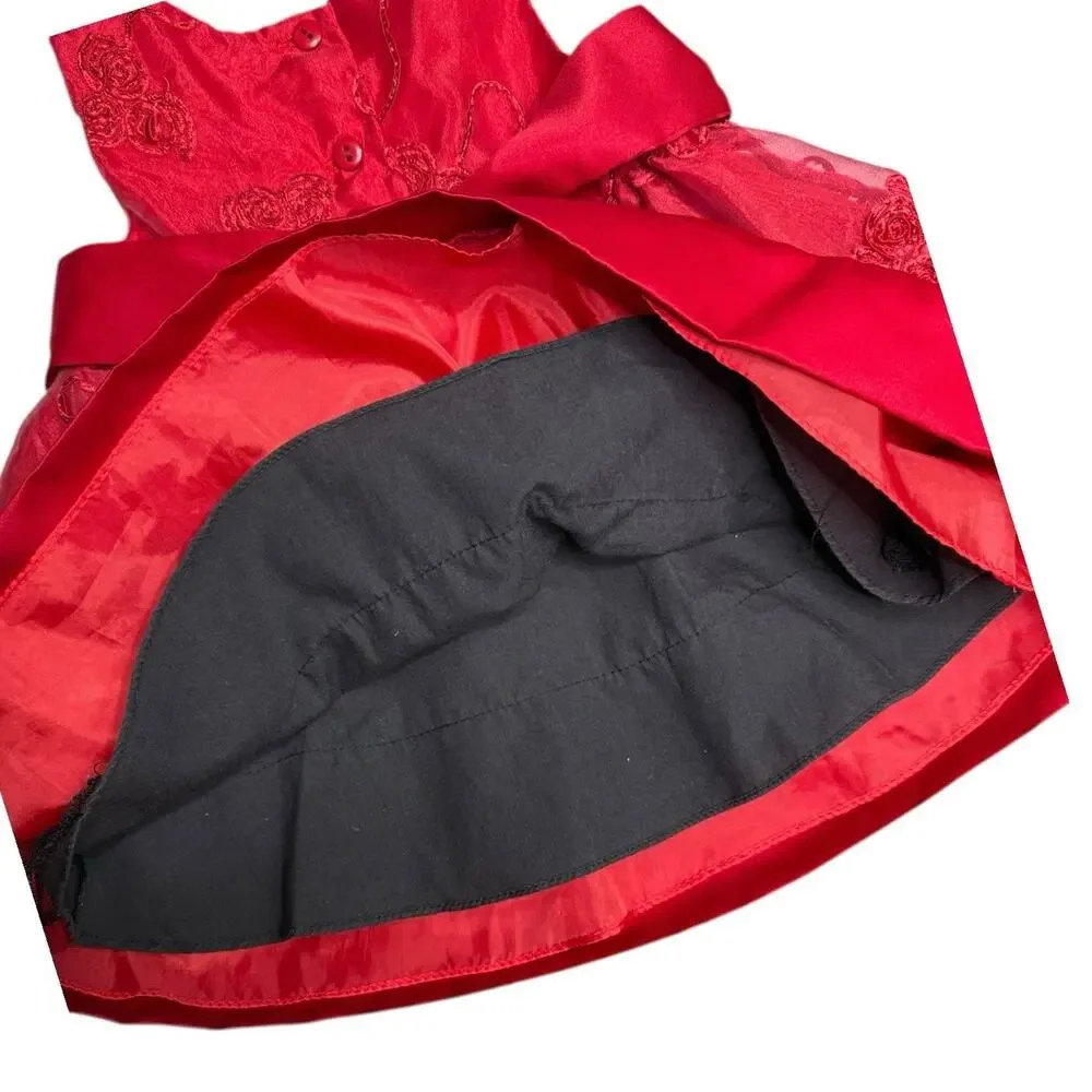 1st Christmas Dress Girls Infants Sz 6-9 Mo. Red Back Tie/‎ Button Christmas EUC